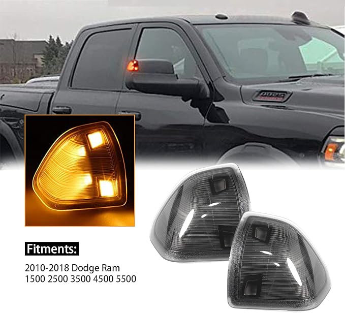 LED Side Mirror Turn Signal Light Two Wire Left Driver Right Passenger Lamps Smoked Cover Lens Compatible with Dodge Ram 1500 2500 3500 4500 5500 2010-18 2Pcs 68302828AA 68302829AA