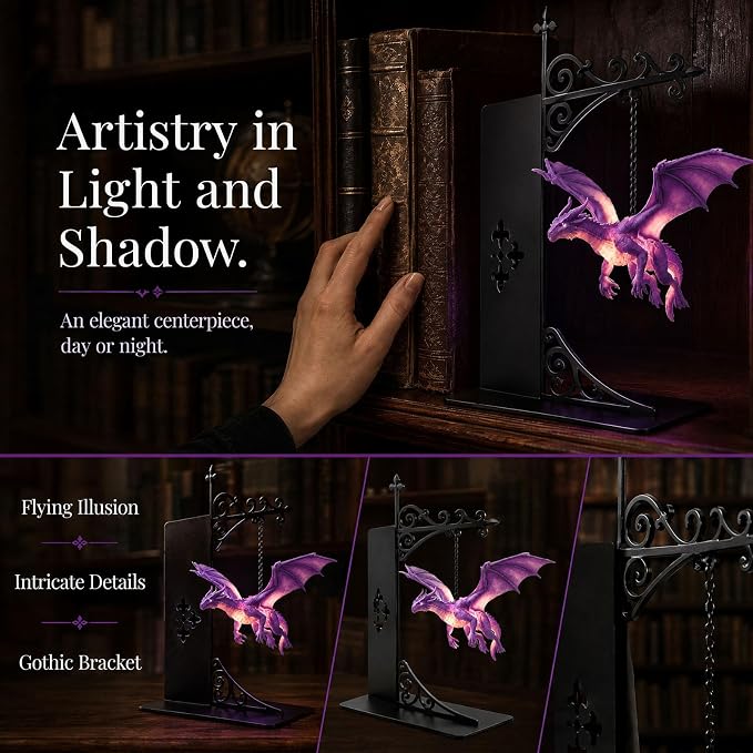 Magical Floating Dragon Bookshelf Lamp, Warm LED Dragon Night Light, Fantasy Reading Nook Decor, Unique Gift for Fantasy Lovers and Book Readers (Purple)