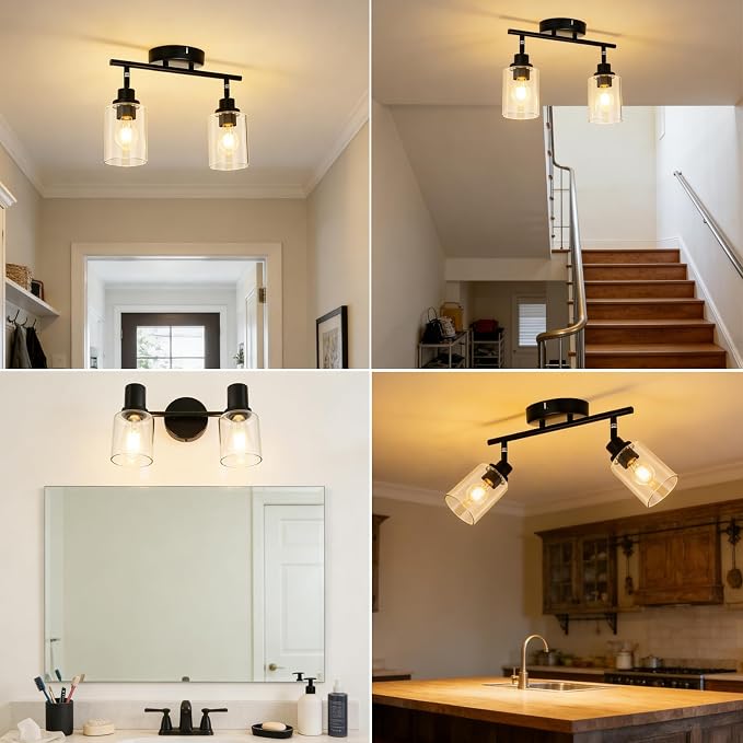 HiBay 2-Light Track Lighting Fixture Black, Glass Ceiling Wall Spotlight | Rotatable 2 Heads with Glass Shades, Modern Farmhouse Industrial, for Bedroom, Kitchen Sink, Loft, E26 Base