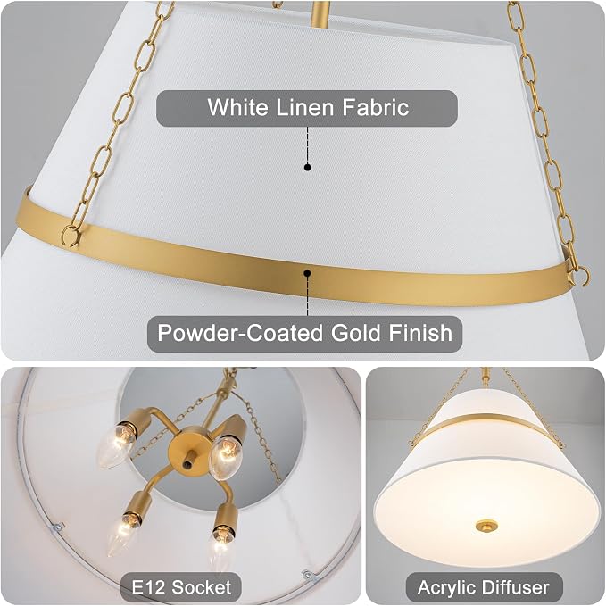 20" Gold Drum Chandelier for Dining Room, White Linen Shade Pendant Light | Modern Transitional, Large Fabric Drum Design, 4-Light, 3 Side Chains, for Kitchen Island,Adjustable Height,19.69"W × 26.38"H