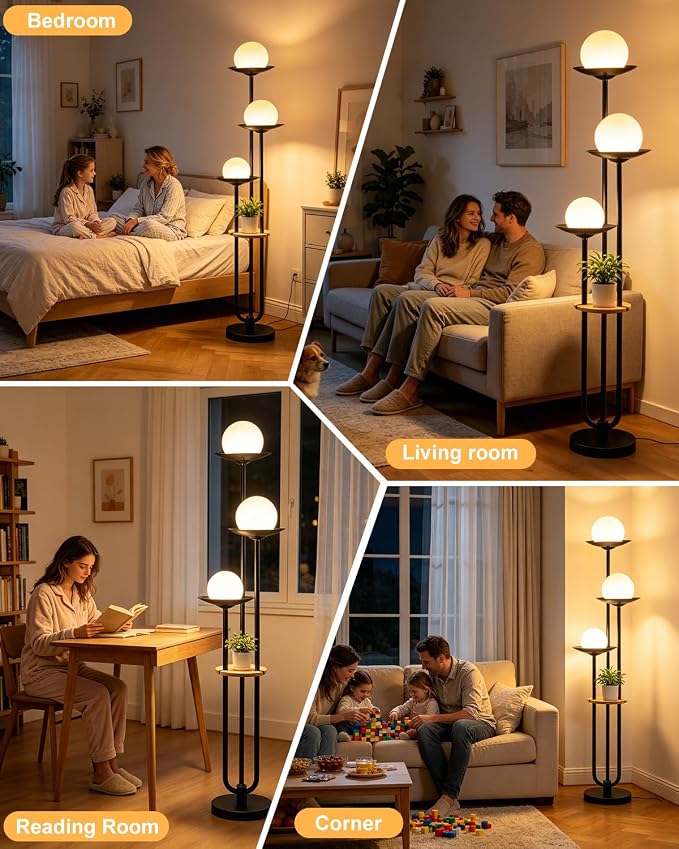 Lightdot 3-Globe Dimmable Floor Lamp with Table Modern Floor Lamps with 5Lbs Heavy Base for Wedding/Party 3000K Warm White Bulbs Included Black Standing Lamp for Living Room/Bedroom/Sofa Beside/Corner