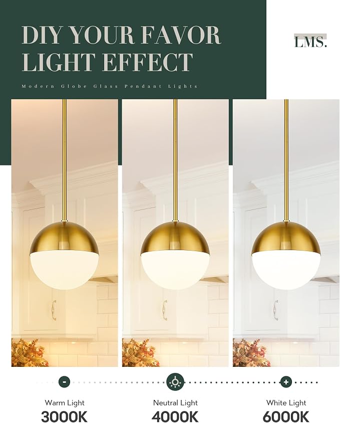 2-Pack Brushed Gold Pendant Lights, Modern Pendant Light with Milky Globe Glass Shade, Adjustable Hanging Lighting Rod for Kitchen Island Dining Room Bedroom, LMS-186BG2PK