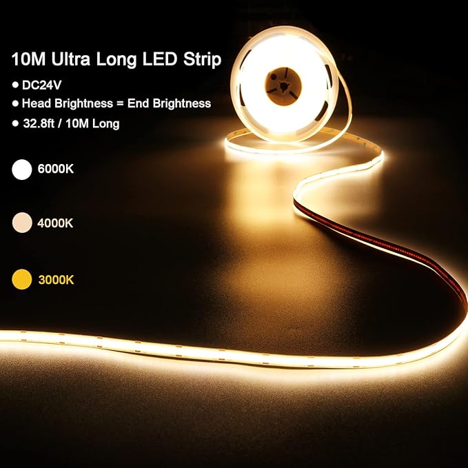 32.8ft(10M) 24V COB LED Strip Light Warm White 3000K 3840LEDs CRI 93+ 6800lm Uniform Glow Dotless IP20 Not Waterproof Flexible LED Tape Lights for DIY Cabinet Bedroom Home Decor(No Power Supply)