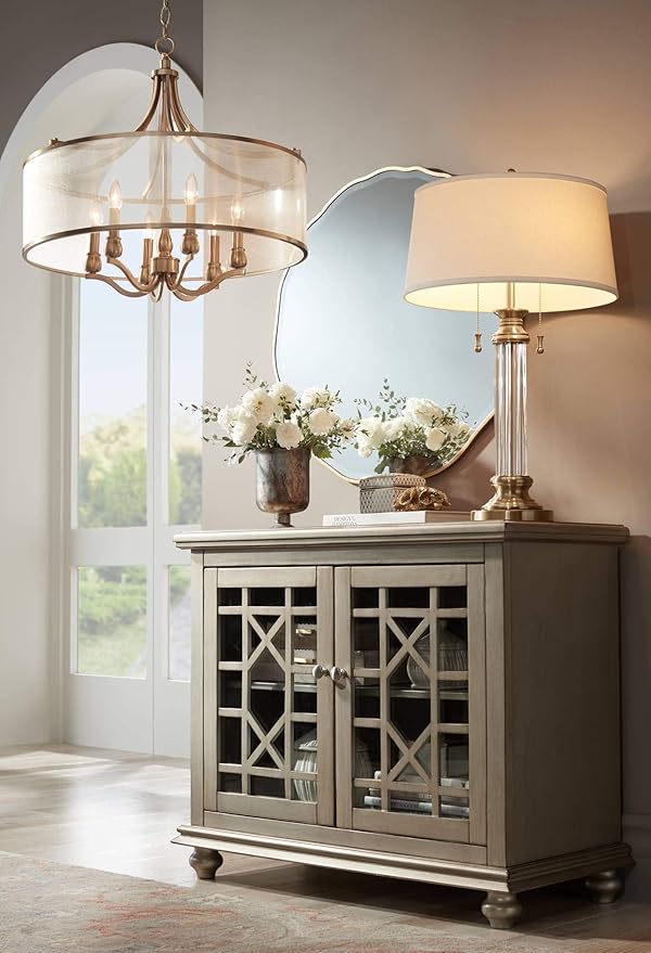 Vienna Full Spectrum Rolland Traditional Table Lamp 30" Tall Antique Brass Crystal Column Off White Tapered Drum Shade Decor for Living Room Bedroom House Bedside Nightstand Home Office Entryway