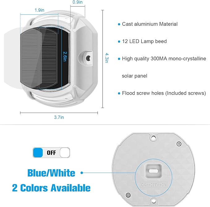 VOLISUN Solar Driveway Lights Dock Deck Lights 12 Pack,2 Colors in 1, LED Solar Powered Waterproof Outdoor Warning Step Light for Driveway Sidewalk Pathway (White/Blue),Auto On/Off