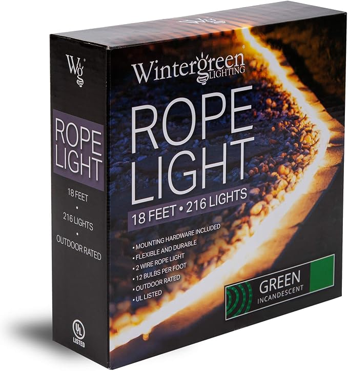 Wintergreen Lighting 18ft 216-Bulb Heavy Duty Incandescent Rope Light Kit, Connectable 120V ETL Indoor Rope Lights Plugin Outdoor Tube Lights for Garden, Patio, Party, Christmas, Green