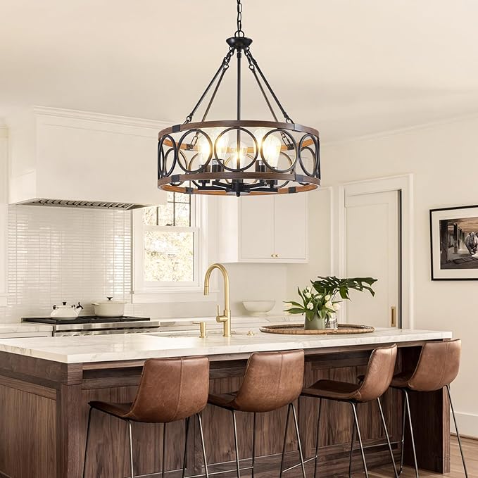 20.5'' Farmhouse Chandelier, 5-Light Walnut Wood Grain Dining Room Light Fixture Over Table, Rustic Industrial Drum Hanging Pendant Lights Fixture for Kitchen Island Bedroom Hallway Foyer Entryway