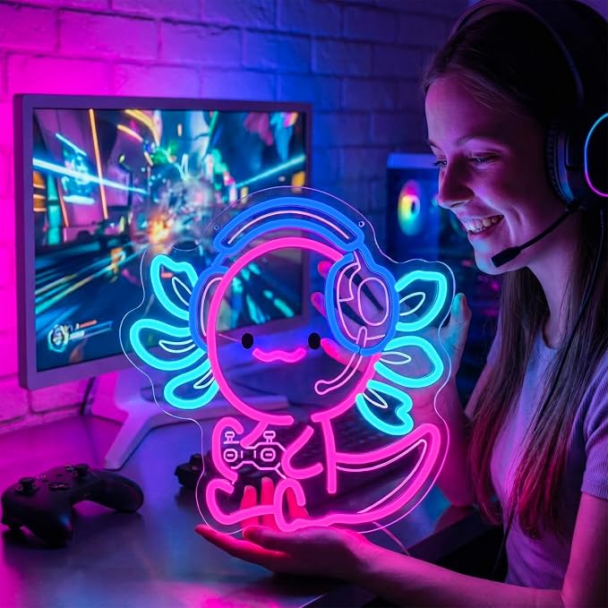 Cute Axolotl Gaming Neon Sign with Headset & Controller,LED Neon Wall Light for Gamer Room Decor,USB Powered Dimmable Neon Light for Bedroom,Teens Room,Game Setup