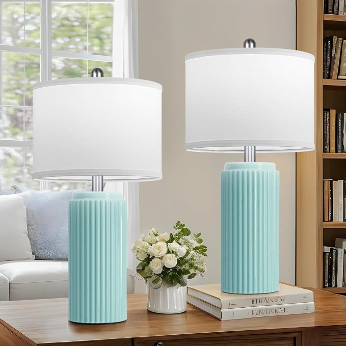 23.5" Light Green Modern Ceramic Table Lamps Set of 2 for Bedside | Nightstand Lamps with White Linen Shade, Ideal Size, Farmhouse Home Decor for Living Room Bedroom Office End Table Dorm