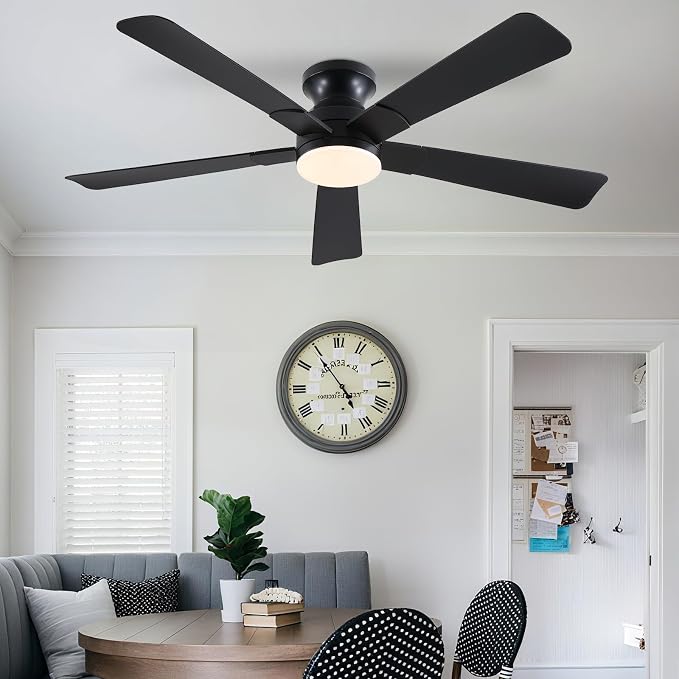 52 inch Ceiling Fans with Lights, Black Flush Mount Ceiling Fan with Remote, 3CCT, LED Dimmable, Reversible, 6 Fan Speeds, Quite Low Profile Ceiling Fan with Lights Modern Bedroom Kitchen Indoor