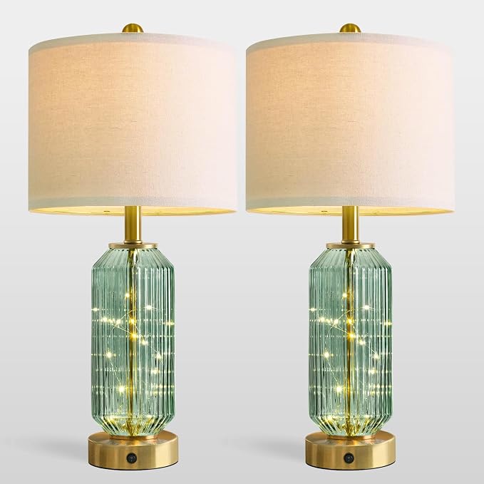 24.5" Bedside Table Lamps Set of 2, Green Glass Nightstand Lamps with USB A+C Charging Ports and Night Light, Gold Modern Lamps for Bedroom, Living Room, End Table (2 Bulbs Included)