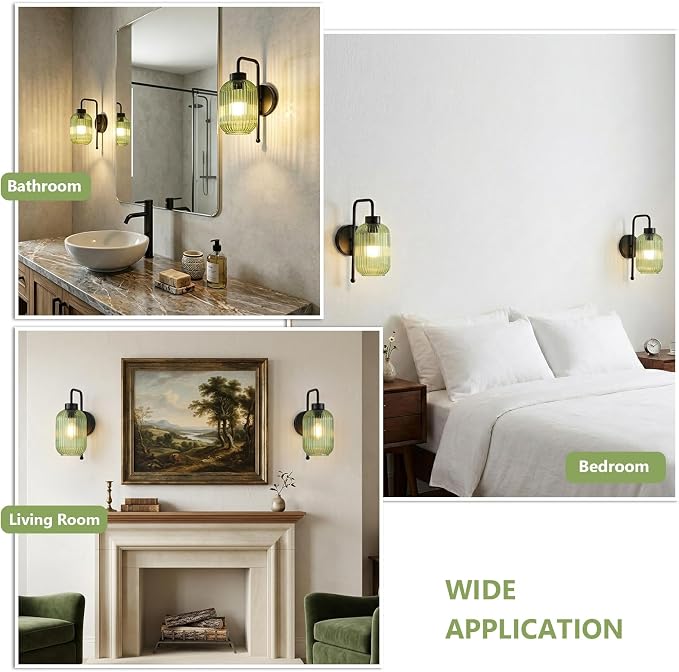 Black Wireless Sconces Set of 2 with Green Stripe Glass Shade, Battery Operated Wall Sconces with Remote and Dimmable Bulb, Vintage Rechargeable Cordless Wall Lights For Bedside Living Room Bathroom