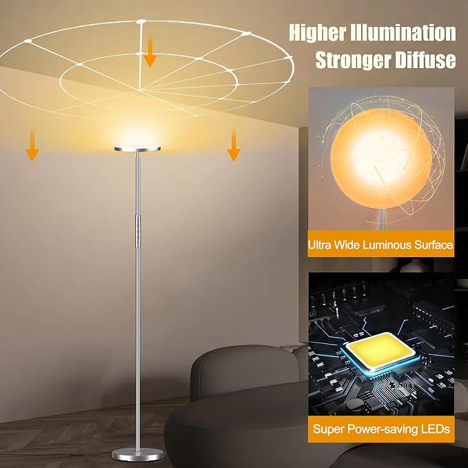 Floor Lamp, Upgraded 40W 4000LM Super Bright Torchiere LED Floor Lamps for Living Room, Stepless Dimmable Color Temperature 2700K-6500K with Remote & Touch Control, Standing Light (Brushed Nickel)
