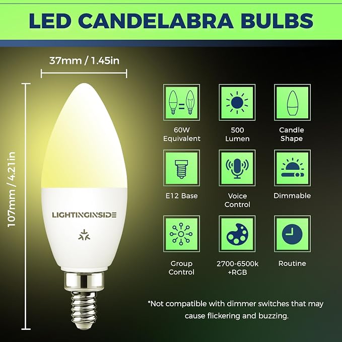 Matter Smart E12 LED Bulbs 60W, RGBCW Candelabra Light Bulbs | Compatible with Alexa/Apple Home/Google Home/SmartThings, 500LM 6W Candle Smart bulb ETL Listed 2.4G WiFi, Hub Required, 4PCS