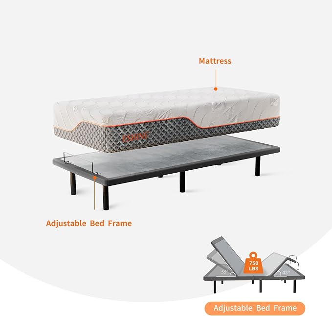 ESHINE 14" Hybrid Mattress Twin XL + Adjustable Bed Frame - Luxury Gel Memory Foam, Upholstered Bed Frames with Massage, USB, Under Bed Night Light, Head and Foot Incline, Split King