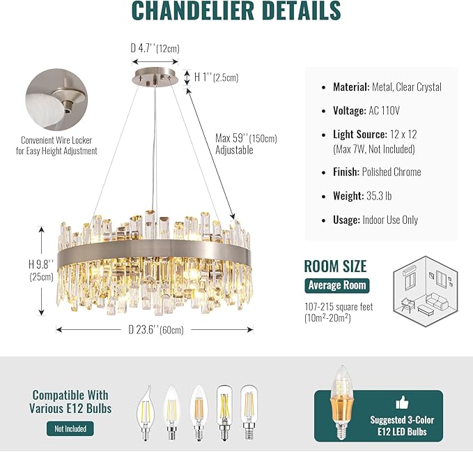 Siljoy 23.6 Inch Modern Crystal Chandelier, Luxury 2-Tiers K9 Crystal Raindrop Chandelier, Dimmable Crystal Pendant Ceiling Light for Dining Room Kitchen Island Entryway Foyer, E12 x 12