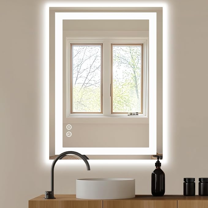 DUMOS 28.1"x36.1" LED Bathroom Mirror, Bathroom Vanity Mirror | Smart Anti-Fog, Front Light and Backlit, 3 Color Temperatures, Dimmable, Memory Function