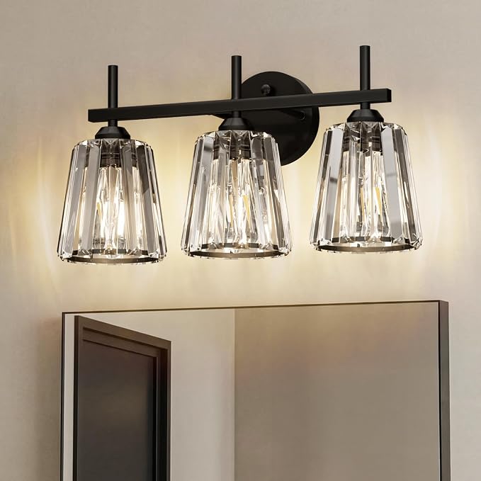 Crystal Bathroom Light Fixtures Over Mirror, Black 3-Light Bathroom Vanity Lights Over Mirror Modern Wall Lighting Sconces with Ceramic E26 Base (Bulbs Not Include)
