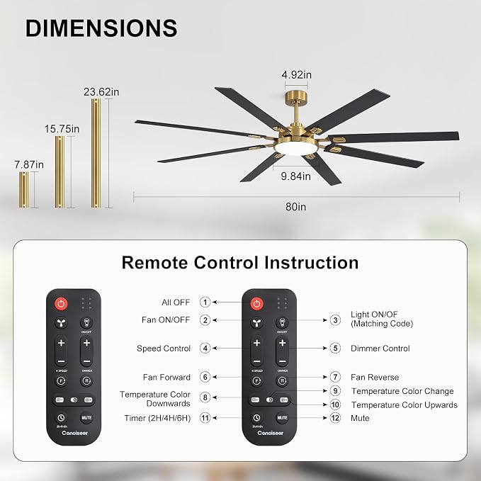 80 Inch Ceiling Fans with Lights and Remote, Bedroom Living Room Office Library Cafe Outdoor Industrial, 5CCT Dimmable, Dual Color 8 Blades, 6 Speed Reversible Quiet DC Motor, Gold/Wood Grain