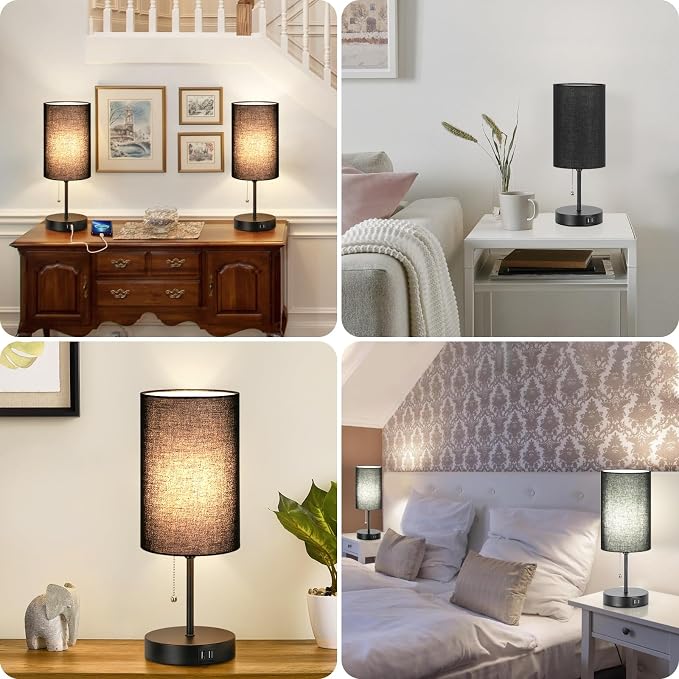 Set of 2 Table Lamps with 2 USB Ports, Bedside Lamps for Bedrooms, Modern Nightstand Lamps with Pull Chain, Minimalist Desk Lamps with Black Fabric Shade and Metal Base for Living Room Home Office
