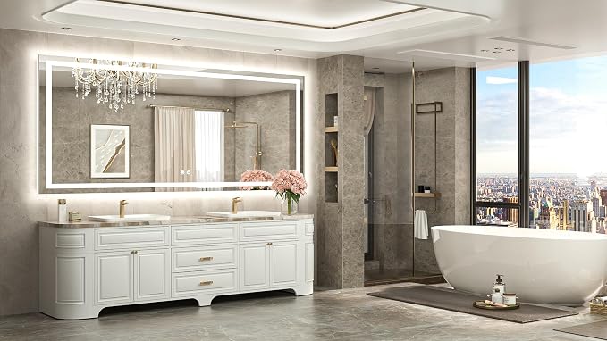 84 x 36 LED Bathroom Mirror with Lights, Brighter Front and Backlit Led Lighted Vanity Mirror Wall Mounted, 3-Color Dimmable Light up Anti Fog Mirror, Waterproof, Shatterproof Tempered Glass