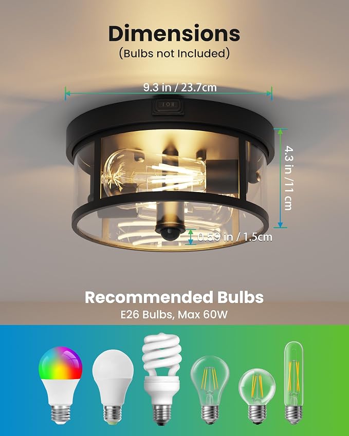 2Pack Outdoor Ceiling Light with Motion Sensor 9.3in - Porch Lights Outdoor, E26 Base, Flush Mount, 360° Detection, 3 Modes (Auto/Dusk to Dawn/Always-on), Farmhouse Ceiling Light for Porch, Entryway