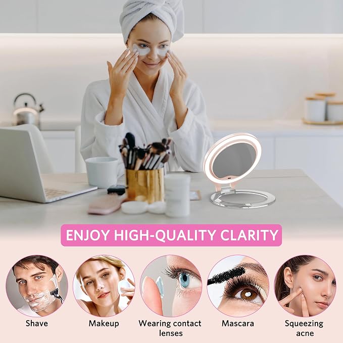 WEILY Magnifying Makeup Mirror 10X/1X, Travel Mirror with Light | Double Sided Rechargeable Mirror with 3 Color Lights for Makeup, Tweezing, Blackhead and Come Done Removal (Pink)