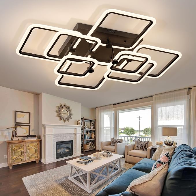 Smart LED Ceiling Light,39.4″ Square Flush Mount Fixture, 8-Square Modern Design, 146W Dimmable Acrylic Light with Remote, WiFi Alexa & App Control for Bedroom Living Room Dining Room (Black)