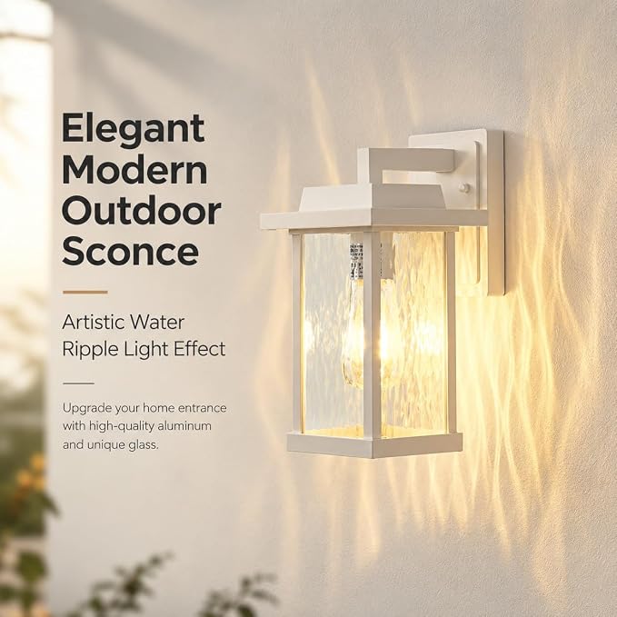 White Outdoor Wall Light Fixtures with Water Ripple Glass, 2-Pack