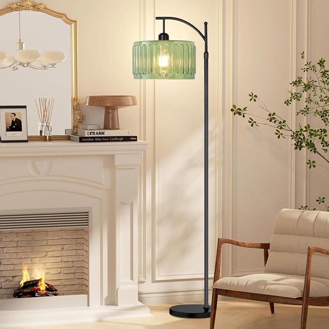 ILLMTW Black Floor Lamp for Living Room,Bedroom,Standing Lamp with Remote Dimmable Tall Lamp Vintage Retro Mid Century Modern Floor Lamps Arc Green Glass Lamp Floor Light Boho Bohemian
