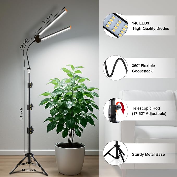 Grow Light with Stand, Super Bright 6000K White Full Spectrum Floor Plant Growing Lamp with Rotatable Light Head & Height Adjustable 17-62" for Indoor Large Tall Plants, Dimmable & Auto Timer 4/8/12H