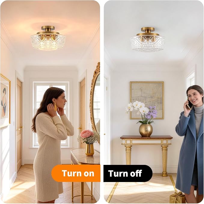 Daunton 3 Light Semi Flush Mount Ceiling Light Fixtures, Brushed Antique Brass Hallway Light Fixtures, Vintage Glass Ceiling Light Fixture for Bedroom, Closet, Entryway, Bathroom, Kitchen, E26*3