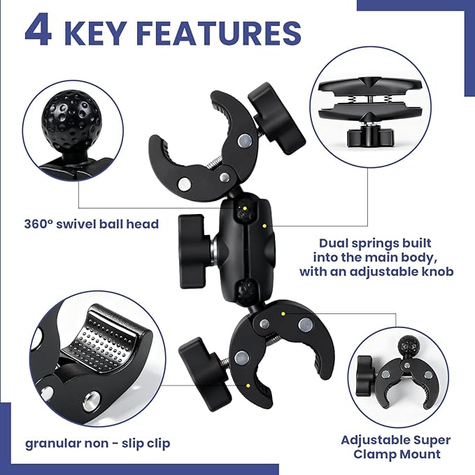 Double Ball Head Camera Clamp - Adjustable Mounting Bracket with Pliers-Style Grips for Photo Studio Equipment, Light Stands, Reflectors, Monitors, and Golf Cart Crossbars(6-9inch)