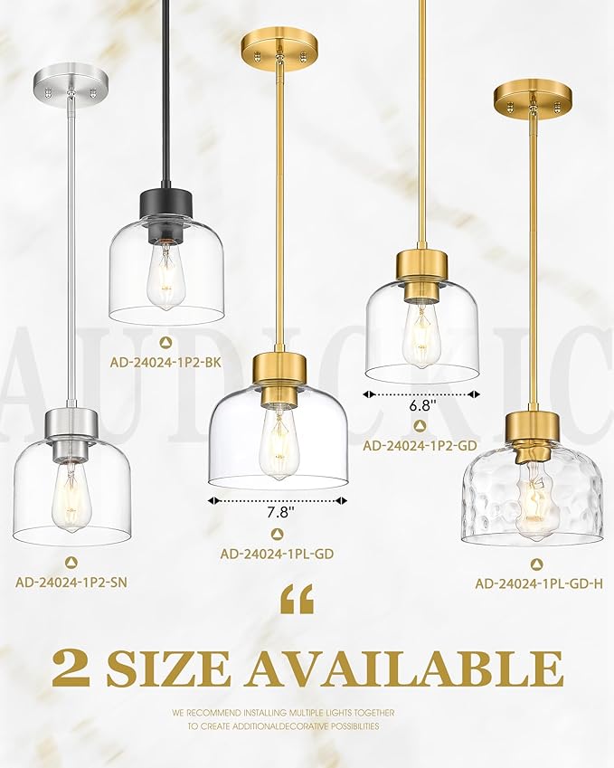 2-Pack Pendant Lights Kitchen Island, 8" Brushed Gold Hanging Light Fixtures with HHammered Glass, Modern Brass Kitchen Pendant Lighting Over Island for Dining Room, AD-24024-1P2L-GD-H