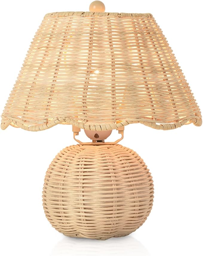 Rattan Small Bedside Mini Table Lamp for Bedroom,Boho Bedroom Lamps for Nightstand, Wicker Mini Table Lamps for Small Spaces with Scalloped Shade for Kitchen Counter, Bookshelf, Kids Dorm, Office