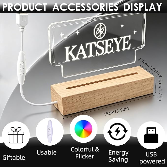 Kate LED Night Light 7 Color Changing Neon Sign USB Acrylic Lamp Wood Base | Adjustable brightness USB powered glowing decor lamp birthday gift for K-pop fans for bedroom desk home ambiance decoration