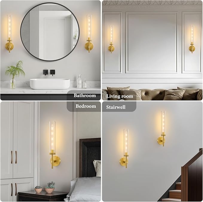 Brass Knurled Tube Wall Sconce - Luxury Modern Glass Sconces with Bulbs - Vertical Mounted Light Fixture - Gold Dimmable Indoor Lighting for Vanity Mirror Bathroom Bedroom Living Room Hallway