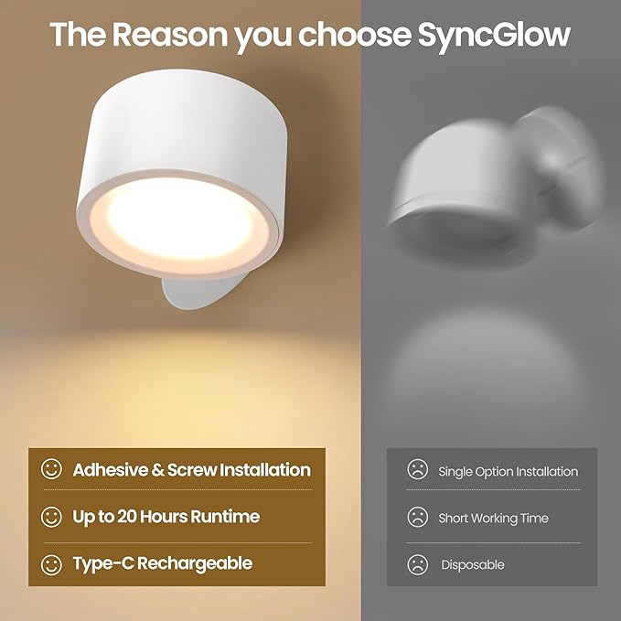 Wall Mounted Lamp, Rechargeable Battery Operated Wall Lights, White-2 Pack | Rechargeble Renter Friendly, 3 Color Temperatures & 3 Brightness Levels 360°Rotate Magnetic Ball, Sconces for Reading Bedroom