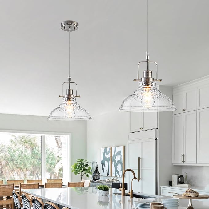 WILON Striped Glass Modern Pendant Light for Kitchen, Brushed Nickel | 11'' Striped Glass Shade, Adjustable Height, E26 Ceramic Socket, 60W MAX, Farmhouse Style for Dining Room Kitchen Over Sink
