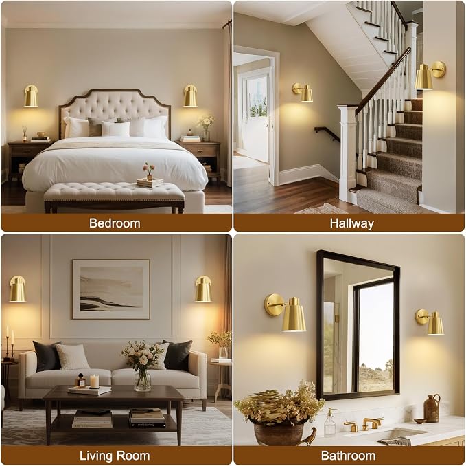 Gold Battery Operated Wall Sconces Set of Two with Remote, Rechargeable Battery Powered Wall Lights, 3 Color Temperature, Dimmable, Modern Wireless Wall Lamps for Bedroom Living Room Hallway