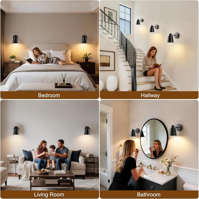 Black Battery Operated Wall Sconces Set of Two with Remote, Rechargeable Battery Powered Wall Lights, 3 Color Temperature, Dimmable, Modern Wireless Wall Lamps for Bedroom Living Room Hallway