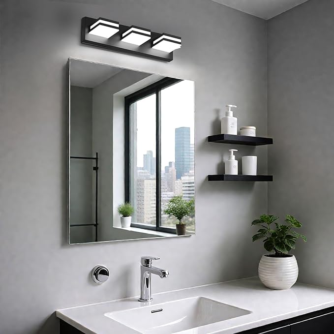 IZORRO LED Modern Bathroom Lights Fixtures(3-Light,Dimmable),Matte Black Acrylic Wall Lighting,Vanity Lights for Bathroom Over Mirror - 6000k 16In (No Assembly Required)