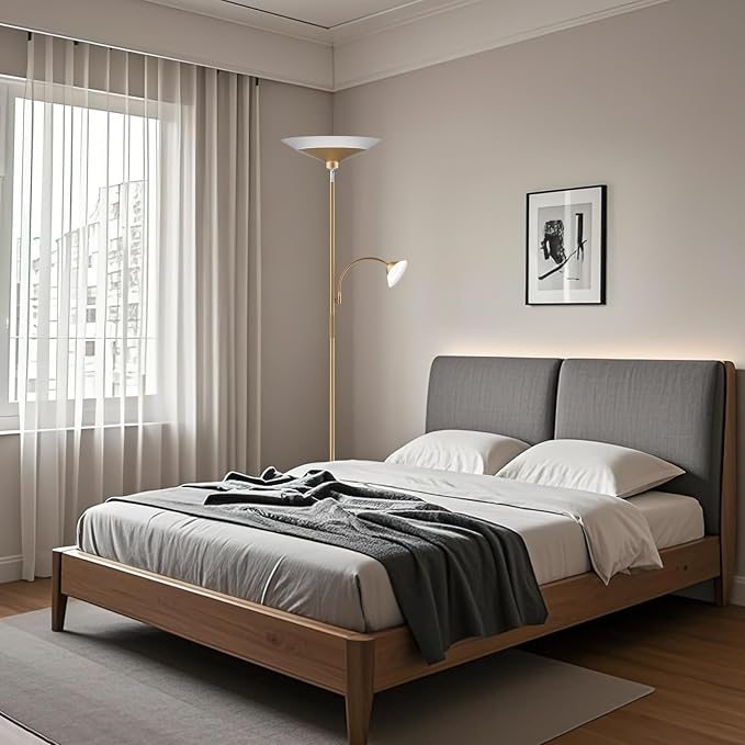 Gold Torchiere Floor Lamp - 2 Way LED Standing Lamp with Reading Light, Dimmable 72'' Tall Lamp with Remote Color Changing, 34W Mordern Uplighter for Living Room Bedroom Office