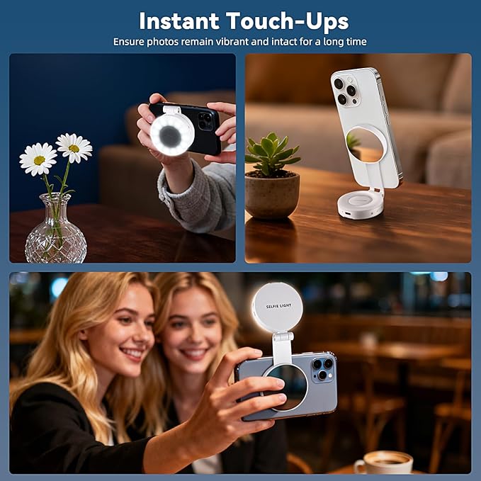 Portable Magnetic Led Selfie Light, Rechargeable Portable Ring Light for Phone, Selfie Ring Light with Mirror for Phone Folding Video Makeup Live Vlog Fill Light White