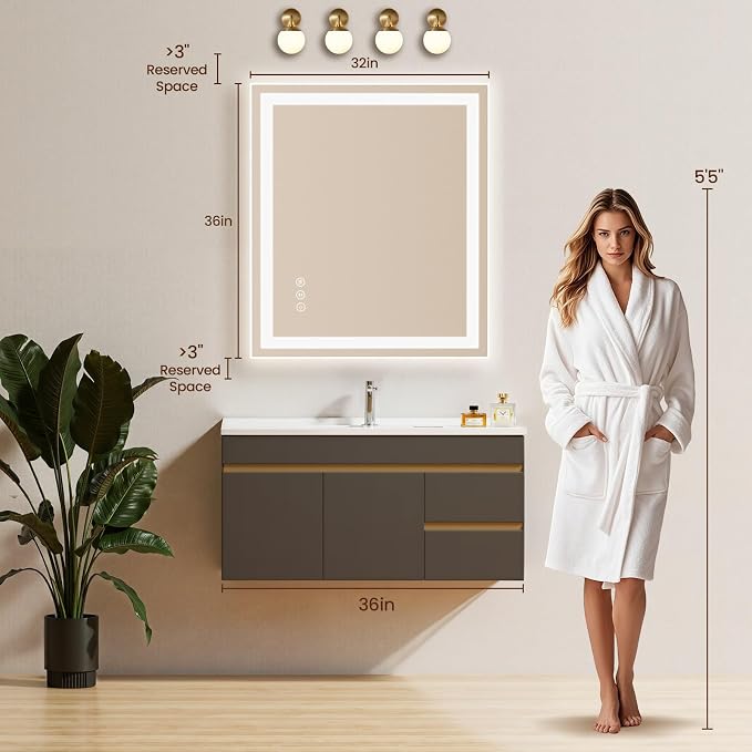 32x36 LED Bathroom Mirror with Anti-Fog, Backlit & Front Lit, Memory | Stepless Dimmable 3 Color CRI 95+ Shatterproof Tempered Glass ETL Listed for Safety Lighted Bathroom Vanity Mirror for Wall