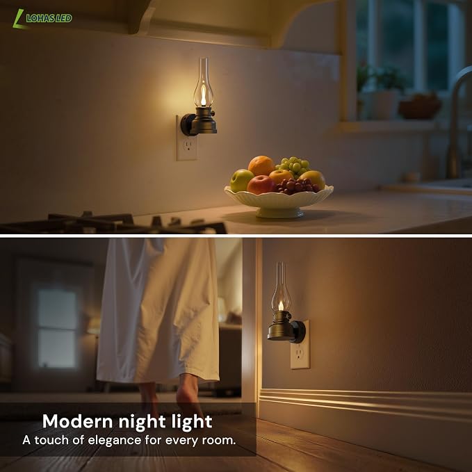 L LOHAS LED Flameless Candles Night Light, Rechargeable Plug in Night Light | 2 Pack Kerosene Lamp Night Lights Plug into Wall, Dimmable Flickering Flame Vintage Oil Lamp, Dusk to Dawn sensor Nightlight