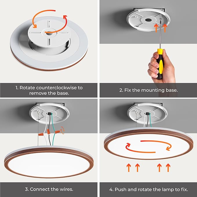 Matane 12in Flush Mount Ceiling Light Fixture with Remote Control, Nightlight 2000K Warm, 3000K-6500K Adjustable, Wired Low Profile Ceiling Lights for Bedroom, Kitchen, Living Room Walnut