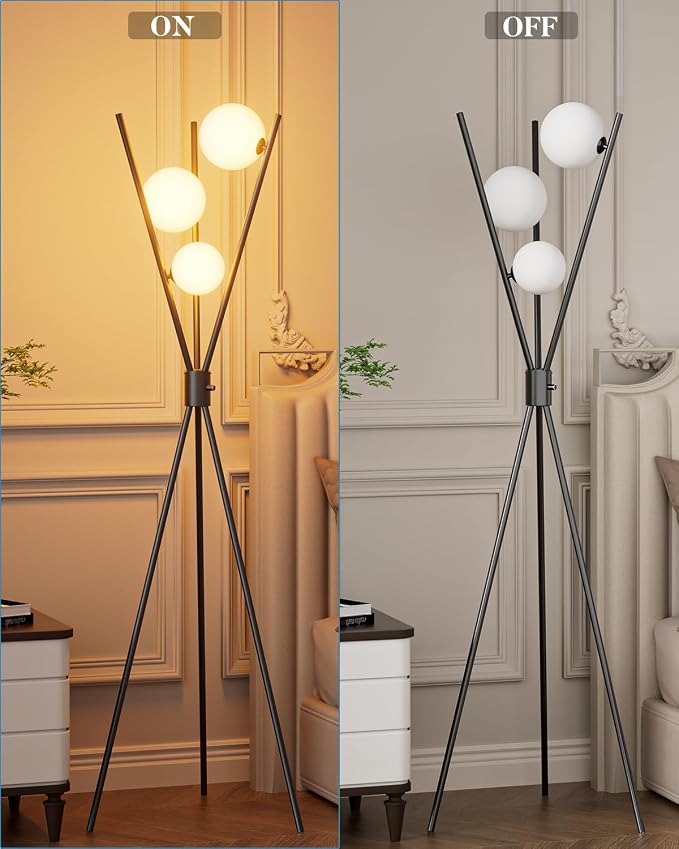 Lightdot 60IN Dimmable Black Tripod Floor Lamp Mid Century Standing Lamps with 3Pcs 3000K Bulbs Included Eye Care&Stable Base Modern Tall Lamp for Living Room/Sofa Beside/Corner Decor