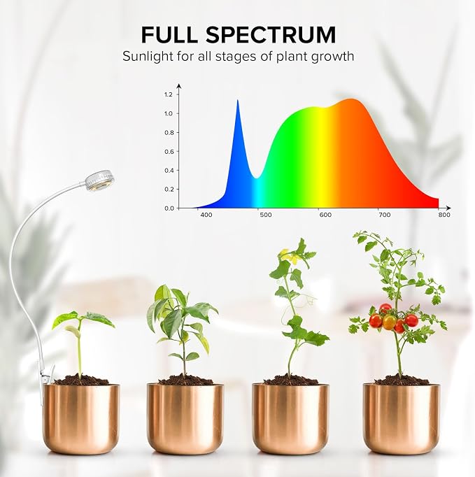 Small Clip-On Grow Light for Indoor Plants, Full Spectrum Timer | 5W full-spectrum 4000K LED delivers focused close,Auto on/off timer,4 dimmable brightness levels Compact clip-on design