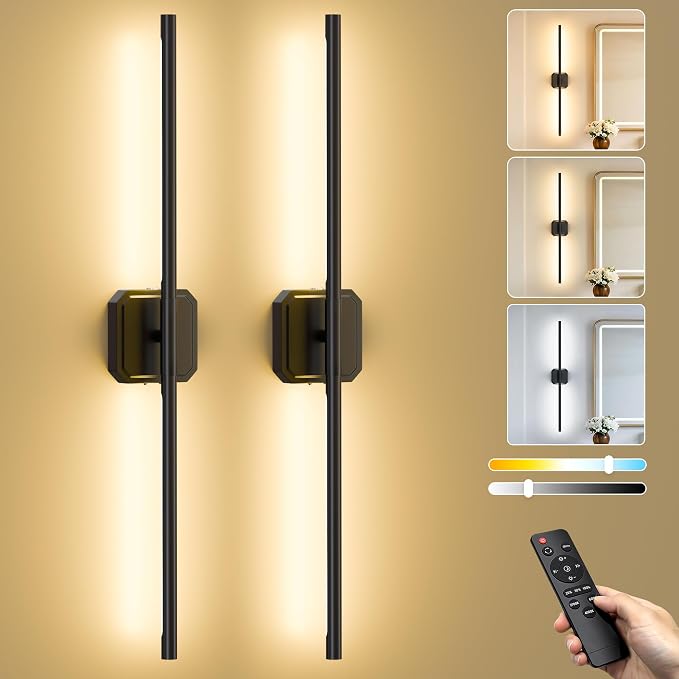 Battery Operated Wall Sconces Set of Two, Wireless Wall Lights Touch & Remote Control Rechargeable LED Wall Lamp 2700K-6000K Dimmable Lights for Living Room Bedroom Bathroom Hallway( 29 ", Black)